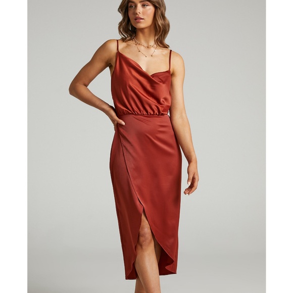 Showpo SISTERS BY HEART ASYMMETRIC COWL NECK MIDI DRESS IN COPPER SATIN - Picture 5 of 6